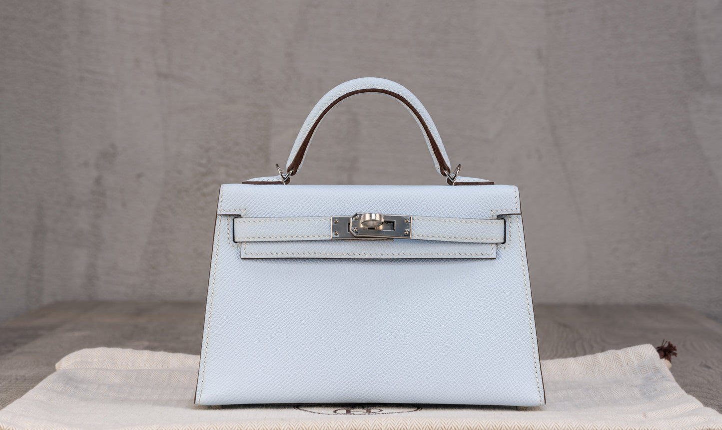 Hermès K20 Mini Kelly II 20 Sellier Bag in Blue Brume Epsom Leather with Palladium Hardware