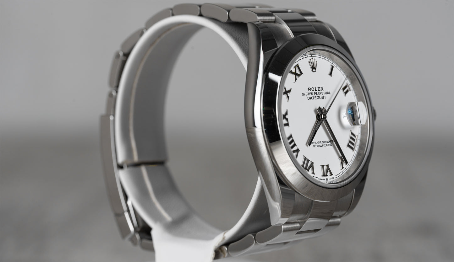 Rolex Date-just 41mm in White Roman Dial with Smooth Bezel 126300