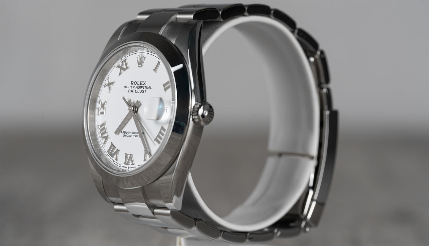 Rolex Date-just 41mm in White Roman Dial with Smooth Bezel 126300