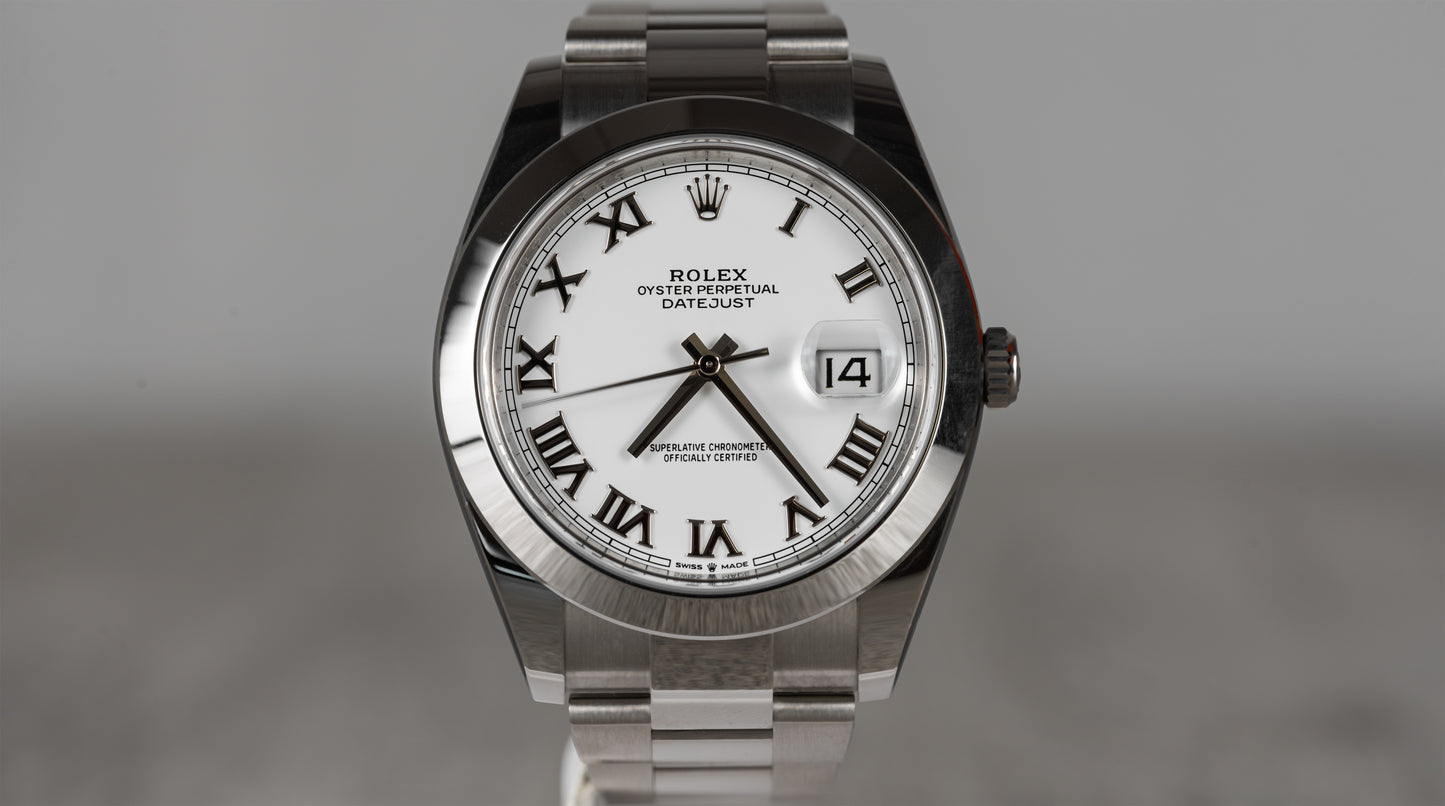 Rolex Date-just 41mm in White Roman Dial with Smooth Bezel 126300