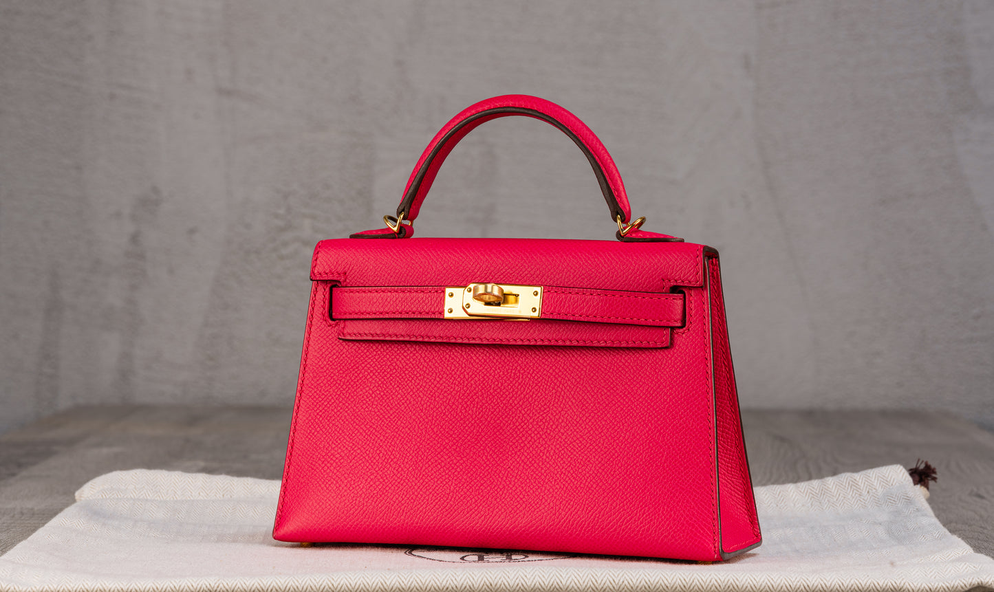 Hermès K20 Mini Kelly II 20 Sellier Bag in Rose Extreme Chevre Leather with Gold Hardware
