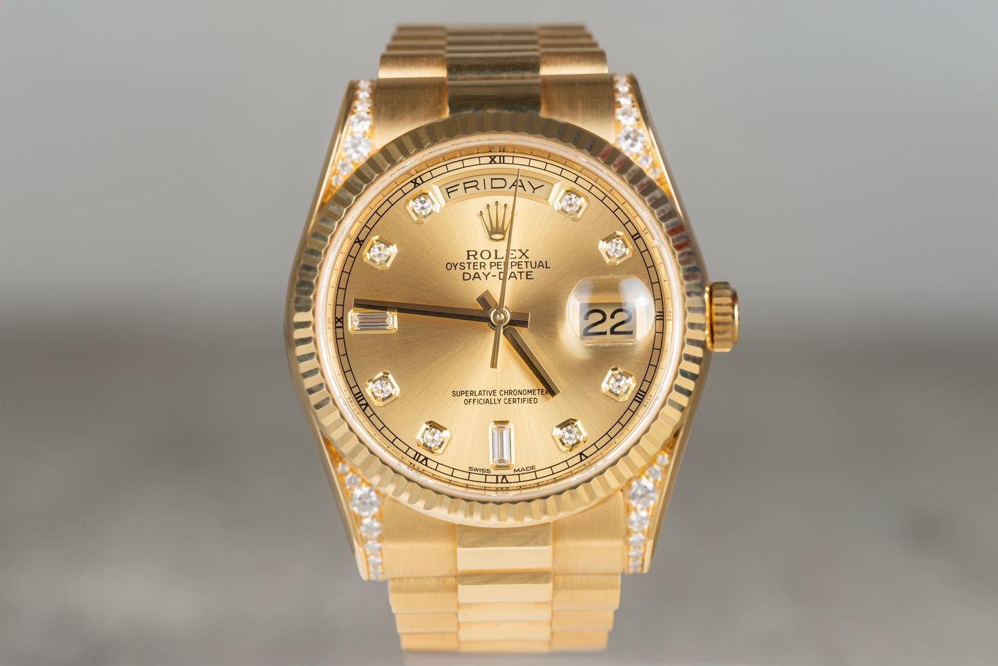 Rolex Day-Date Champ Baguette Dial and Diamond Case Full 18K Yellow Gold 2013 118338