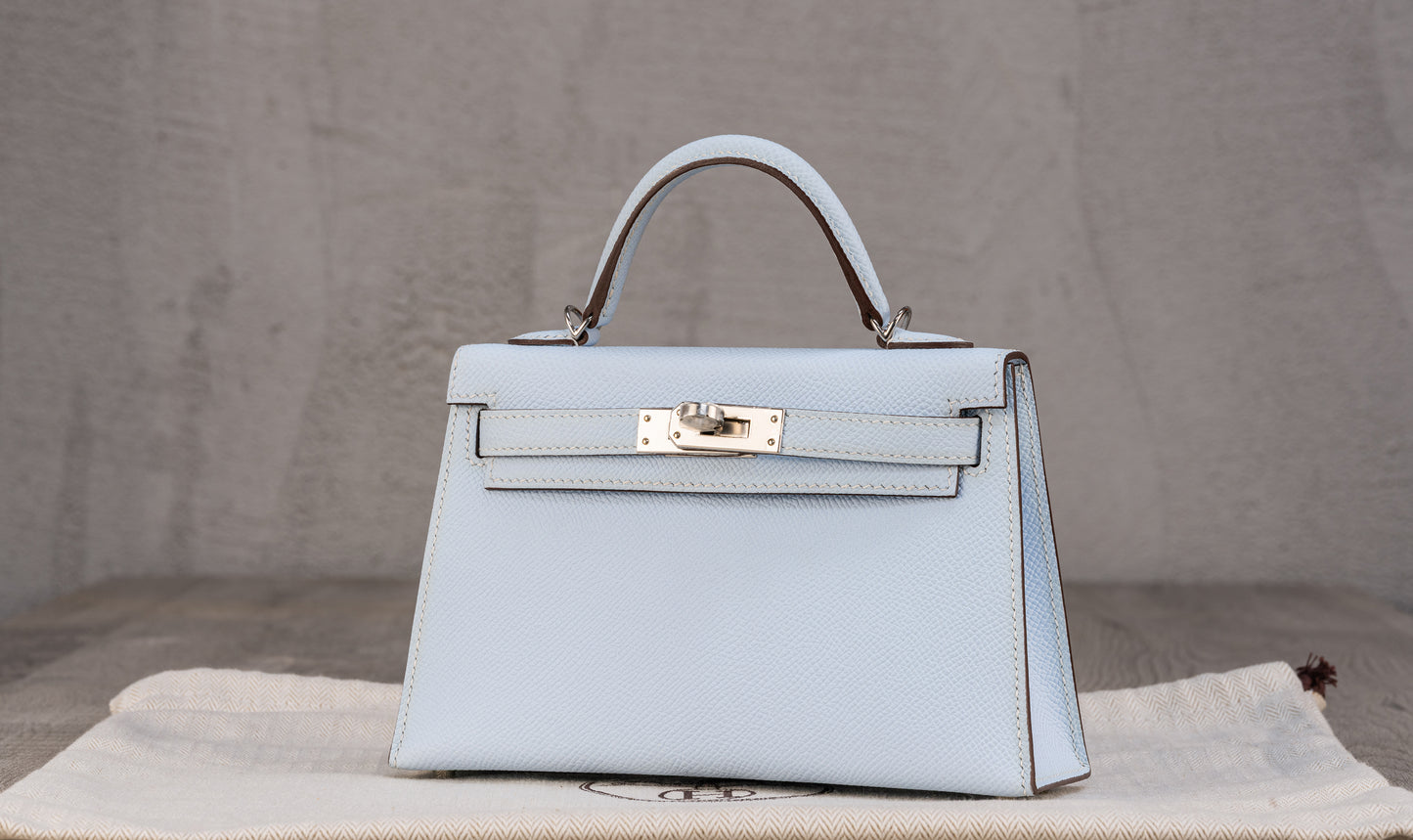 Hermès K20 Mini Kelly II 20 Sellier Bag in Blue Brume Epsom Leather with Palladium Hardware