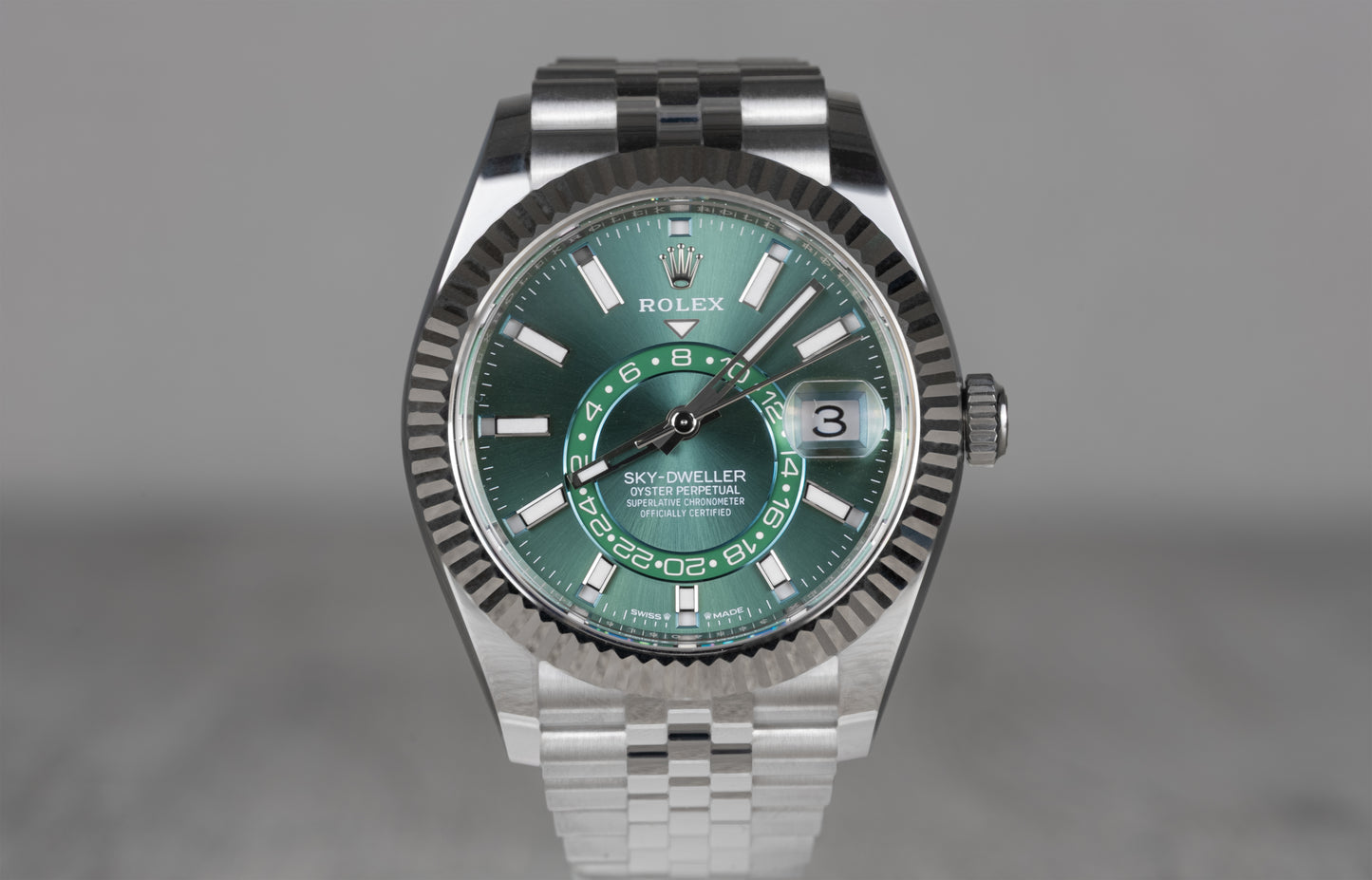 Rolex Sky-Dweller White Gold 2025 with Mint Dial and Fluted Bezel