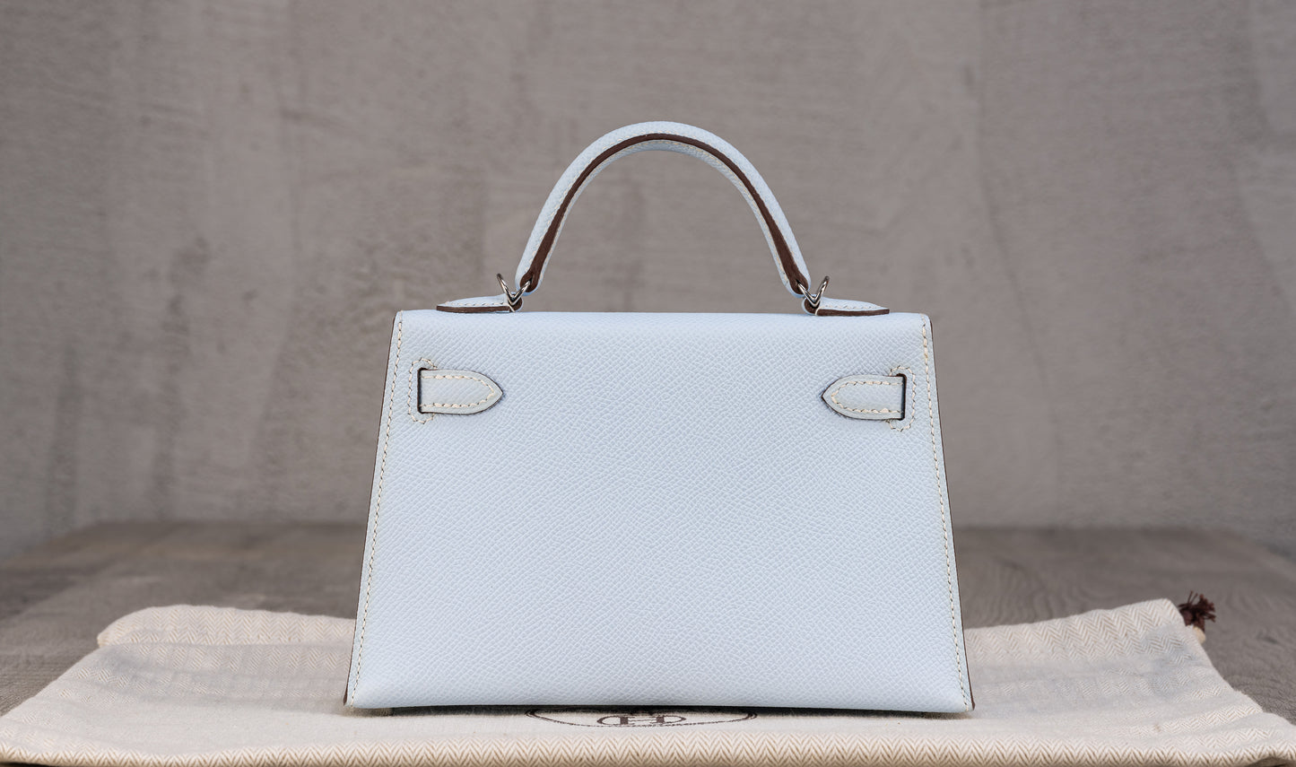 Hermès K20 Mini Kelly II 20 Sellier Bag in Blue Brume Epsom Leather with Palladium Hardware
