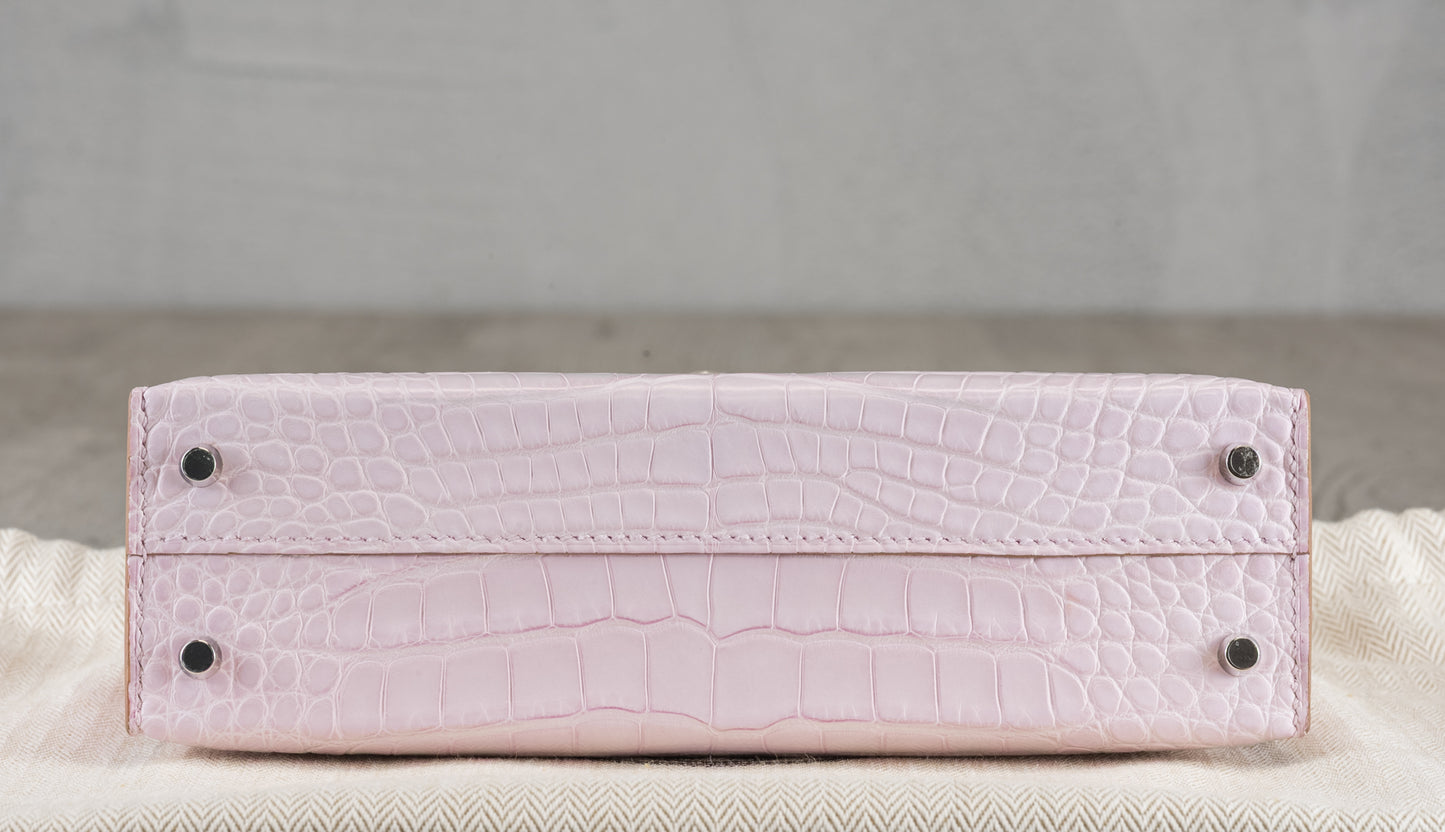 Hermès K20 Mini Kelly II 20 Mauve Pale Boreal Satin Alligator w/ Palladium Hardware