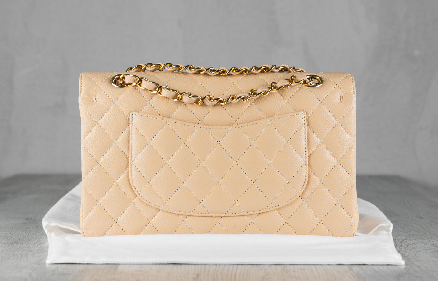 Chanel Small Classic Double Flap Bag in Beige Quilted Caviar Leather with Gold-Tone Hardware
