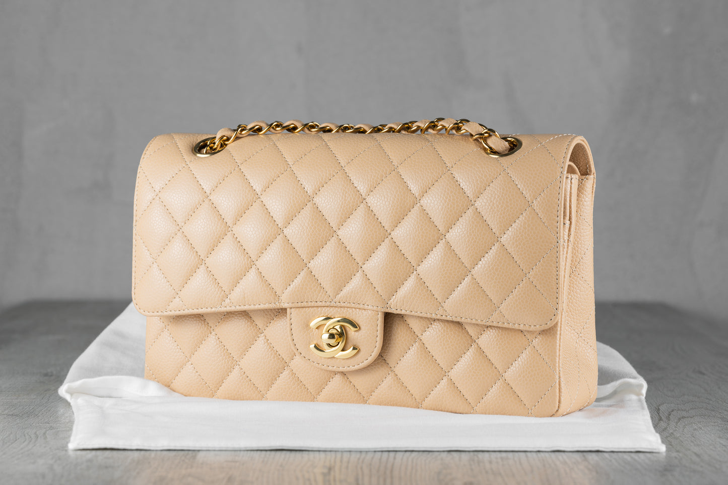 Chanel Small Classic Double Flap Bag in Beige Quilted Caviar Leather with Gold-Tone Hardware