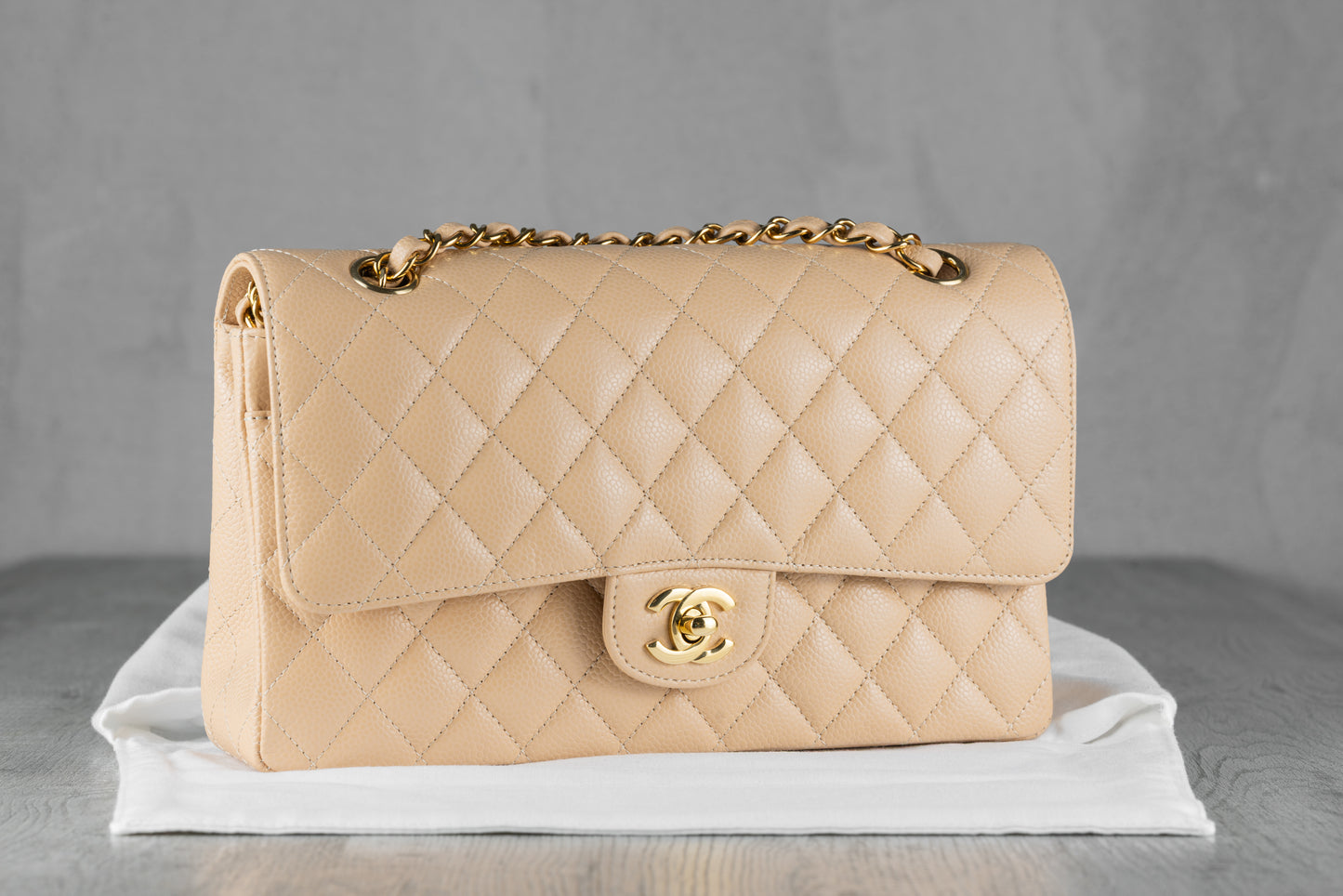 Chanel Small Classic Double Flap Bag in Beige Quilted Caviar Leather with Gold-Tone Hardware