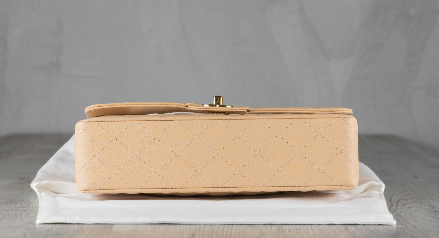 Chanel Small Classic Double Flap Bag in Beige Quilted Caviar Leather with Gold-Tone Hardware