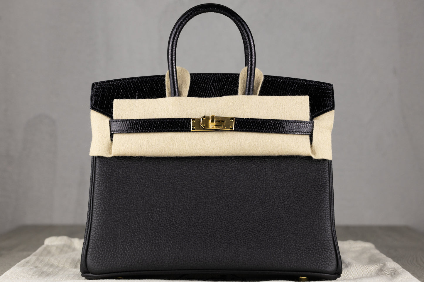Hermès B25 Birkin 25 Sellier Touch Bag in Black Epsom & Shiny Black Lizard Leather with Gold Hardware