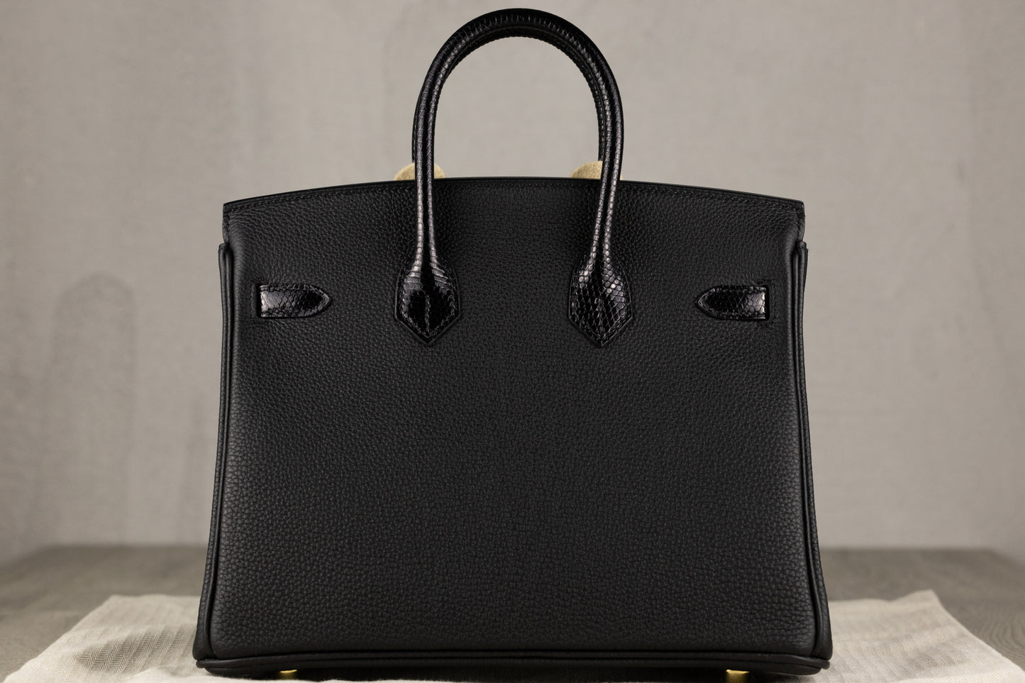 Hermès B25 Birkin 25 Sellier Touch Bag in Black Epsom & Shiny Black Lizard Leather with Gold Hardware