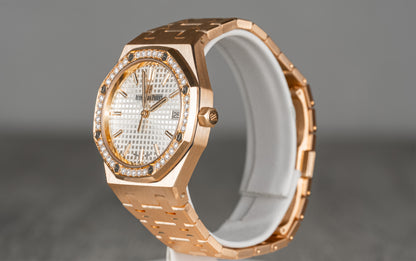 Audemars Piguet Ladies Royal Oak Rose Gold w/ White Dial and Factory Diamond Bezel 67651OR