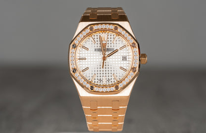 Audemars Piguet Ladies Royal Oak Rose Gold w/ White Dial and Factory Diamond Bezel 67651OR