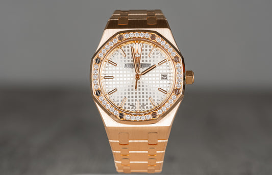 Audemars Piguet Ladies Royal Oak Rose Gold w/ White Dial and Factory Diamond Bezel 67651OR
