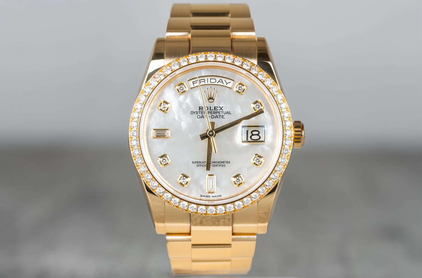 Rolex Day-Date Mother Of Pearl Factory Bezel Baguette Stone Dial 2019 M118348