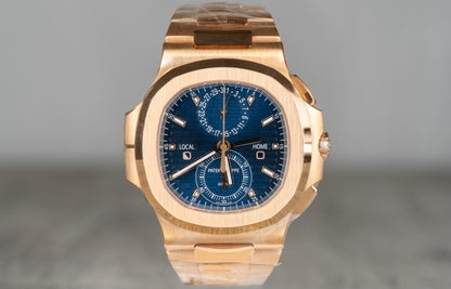 Patek Philippe Nautilus 5990/1R-001 Travel Time Chronograph Rose Gold Blue Dial 2021