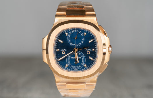 Patek Philippe Nautilus 5990/1R-001 Travel Time Chronograph Rose Gold Blue Dial 2021