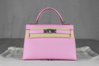 Hermès K20 Mini Kelly II 20 Sellier Bag in Mauve Sylvester Epsom Leather with Palladium Hardware