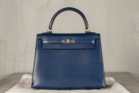 Hermès K25 Kelly II 25 Sellier Bag in Bleu Saphir Chevre Leather with Palladium Hardware