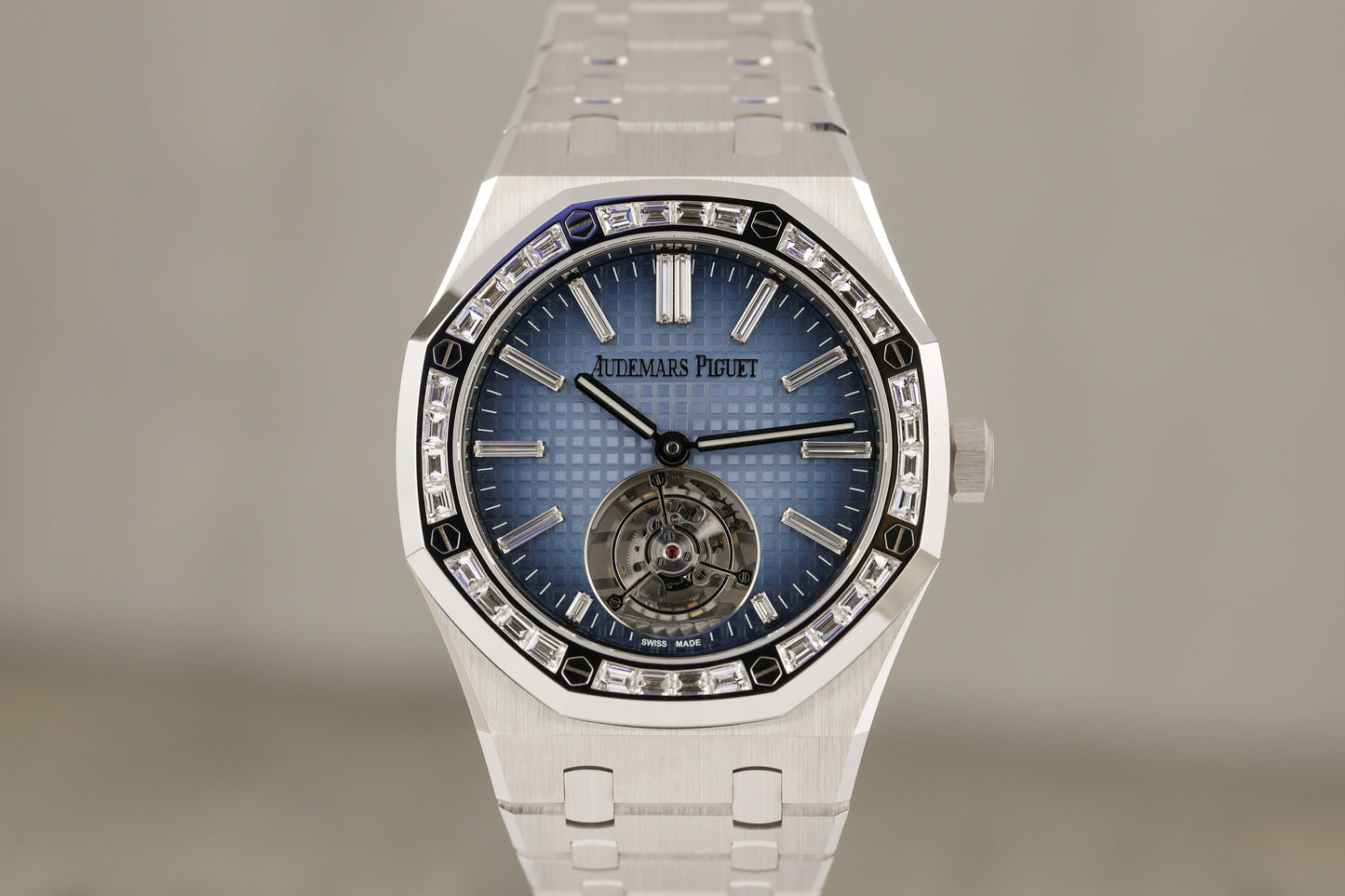 Audemars Piguet 26730BC Royal Oak Selfwinding Flying Tourbillon White Gold Diamond Baguette Bezel Blue Dial