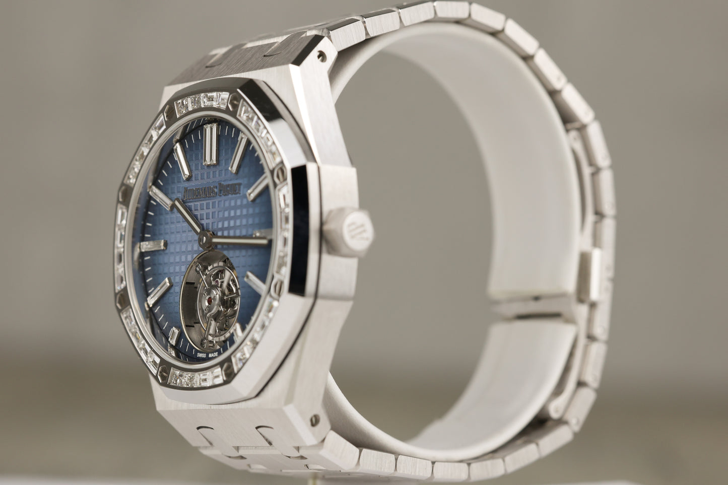 Audemars Piguet 26730BC Royal Oak Selfwinding Flying Tourbillon White Gold Diamond Baguette Bezel Blue Dial