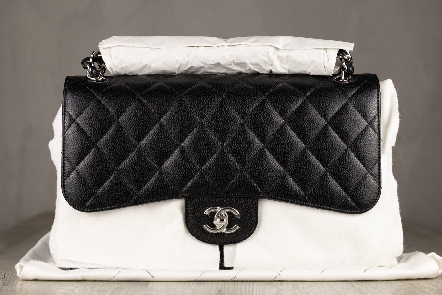 Chanel A58600 Y01864 94305 Jumbo Classic Double Flap Bag in Black Quilted Caviar Leather with Silver-Tone Hardware