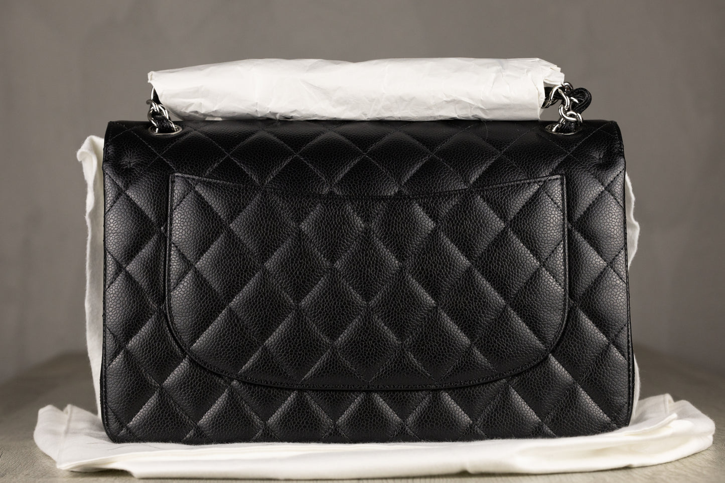 Chanel A58600 Y01864 94305 Jumbo Classic Double Flap Bag in Black Quilted Caviar Leather with Silver-Tone Hardware