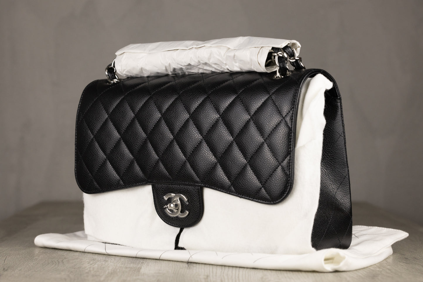 Chanel A58600 Y01864 94305 Jumbo Classic Double Flap Bag in Black Quilted Caviar Leather with Silver-Tone Hardware