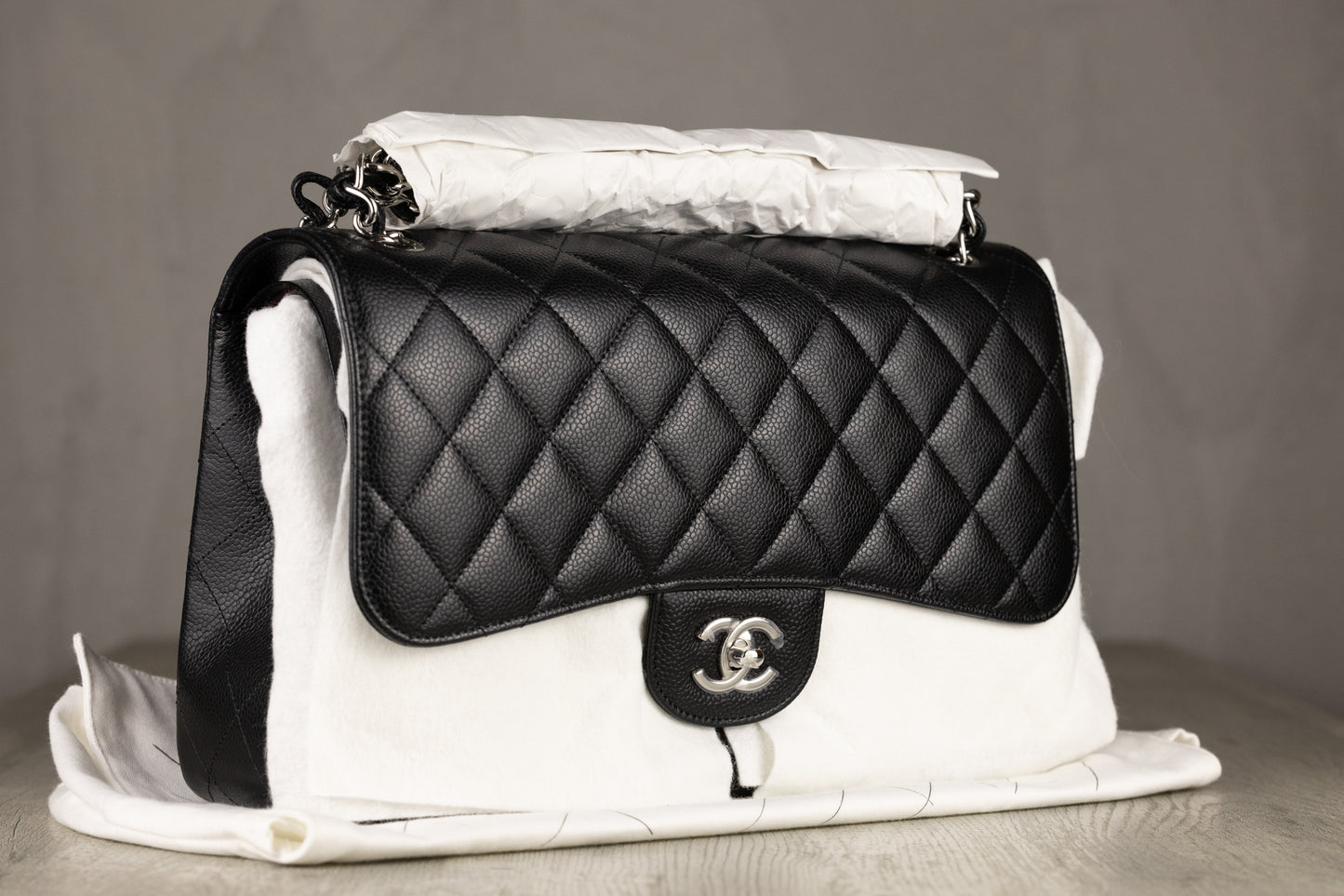 Chanel A58600 Y01864 94305 Jumbo Classic Double Flap Bag in Black Quilted Caviar Leather with Silver-Tone Hardware