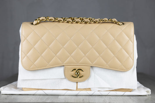 Chanel A58600 Y01864 Jumbo Classic Double Flap Bag in Beige Quilted Caviar Leather with Gold-Tone Hardware