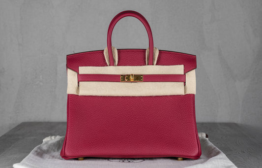 Hermès B25 Birkin 25 Retourne Bag in Rougue Grenat Togo Leather with Gold Hardware