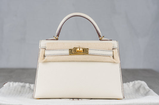Hermès K20 Mini Kelly II 20 Sellier Bag in HSS Nata Epsom Contrast Stiching Leather with Gold Hardware
