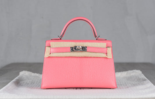 Hermès K20 Mini Kelly II 20 Sellier Bag in Rose De Ete Chevre Leather with Palladium Hardware