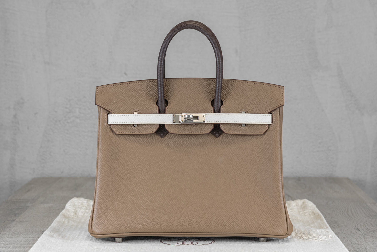 Hermès B25 Birkin 25 Sellier Bag in Tricolor Etoupe Ebene Epsom Leather with Palladium Hardware