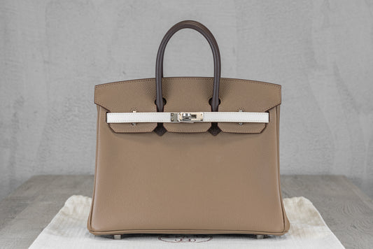 Hermès B25 Birkin 25 Sellier Bag in Tricolor Etoupe Ebene Epsom Leather with Palladium Hardware