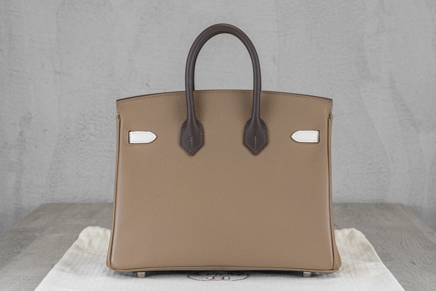 Hermès B25 Birkin 25 Sellier Bag in Tricolor Etoupe Ebene Epsom Leather with Palladium Hardware