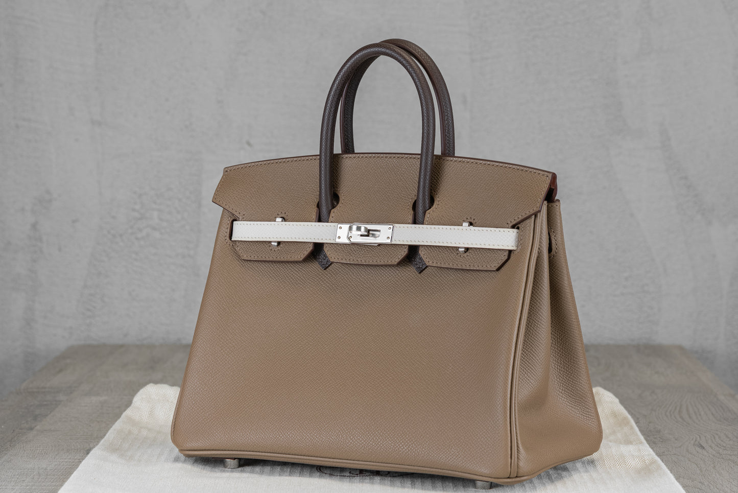 Hermès B25 Birkin 25 Sellier Bag in Tricolor Etoupe Ebene Epsom Leather with Palladium Hardware