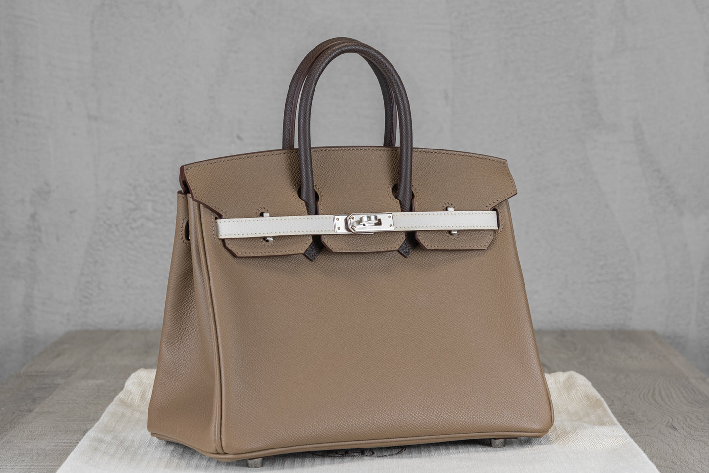 Hermès B25 Birkin 25 Sellier Bag in Tricolor Etoupe Ebene Epsom Leather with Palladium Hardware