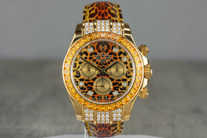 Rolex Daytona Yellow Gold 'Leopard' Diamond Dial Cognac Sapphire Bezel 116598SACO
