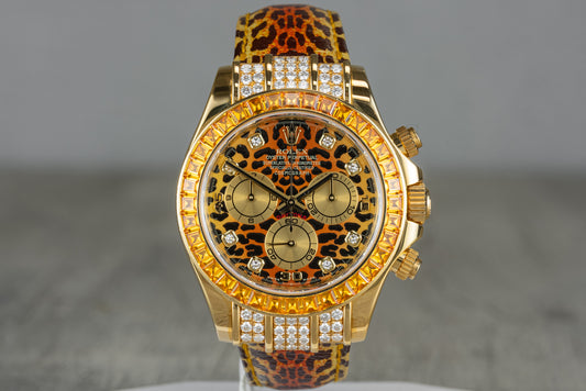 Rolex Daytona Yellow Gold 'Leopard' Diamond Dial Cognac Sapphire Bezel 116598SACO