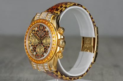 Rolex Daytona Yellow Gold 'Leopard' Diamond Dial Cognac Sapphire Bezel 116598SACO