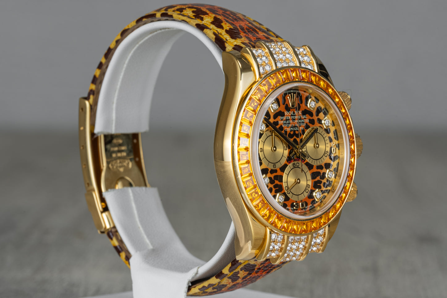 Rolex Daytona Yellow Gold 'Leopard' Diamond Dial Cognac Sapphire Bezel 116598SACO