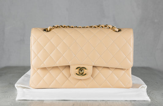 Chanel Small Classic Double Flap Bag in Beige Quilted Caviar Leather with Gold-Tone Hardware