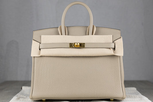 Hermès B25 Birkin 25 Retourne Bag in Gris Tourtetelle Togo Leather with Gold Hardware