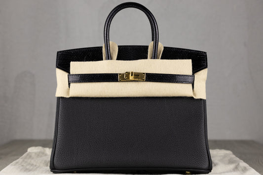 Hermès B25 Birkin 25 Sellier Touch Bag in Black Epsom & Shiny Black Lizard Leather with Gold Hardware