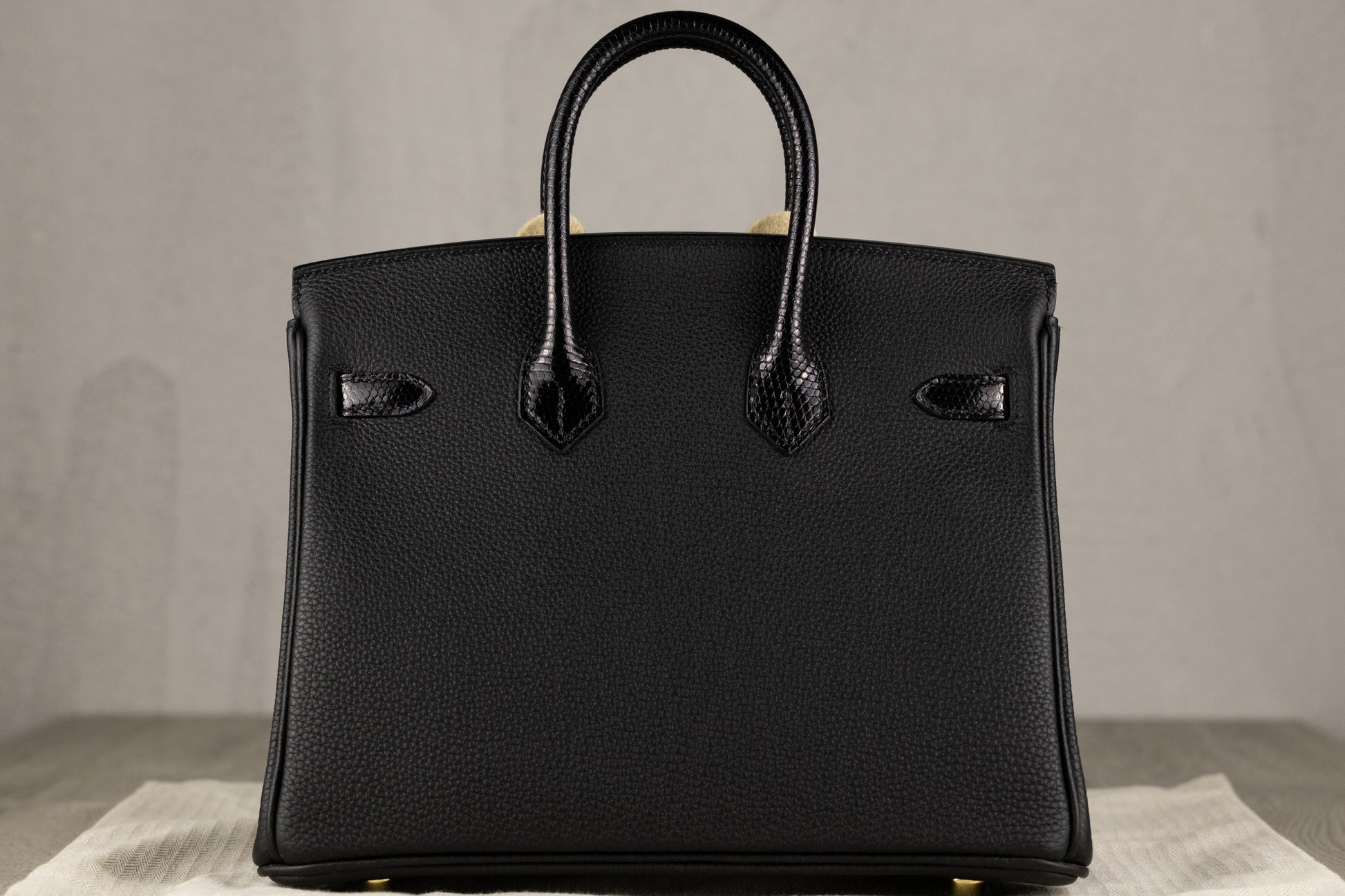 Hermès B25 Birkin 25 Sellier Touch Bag in Black Epsom & Shiny Black Lizard Leather with Gold Hardware