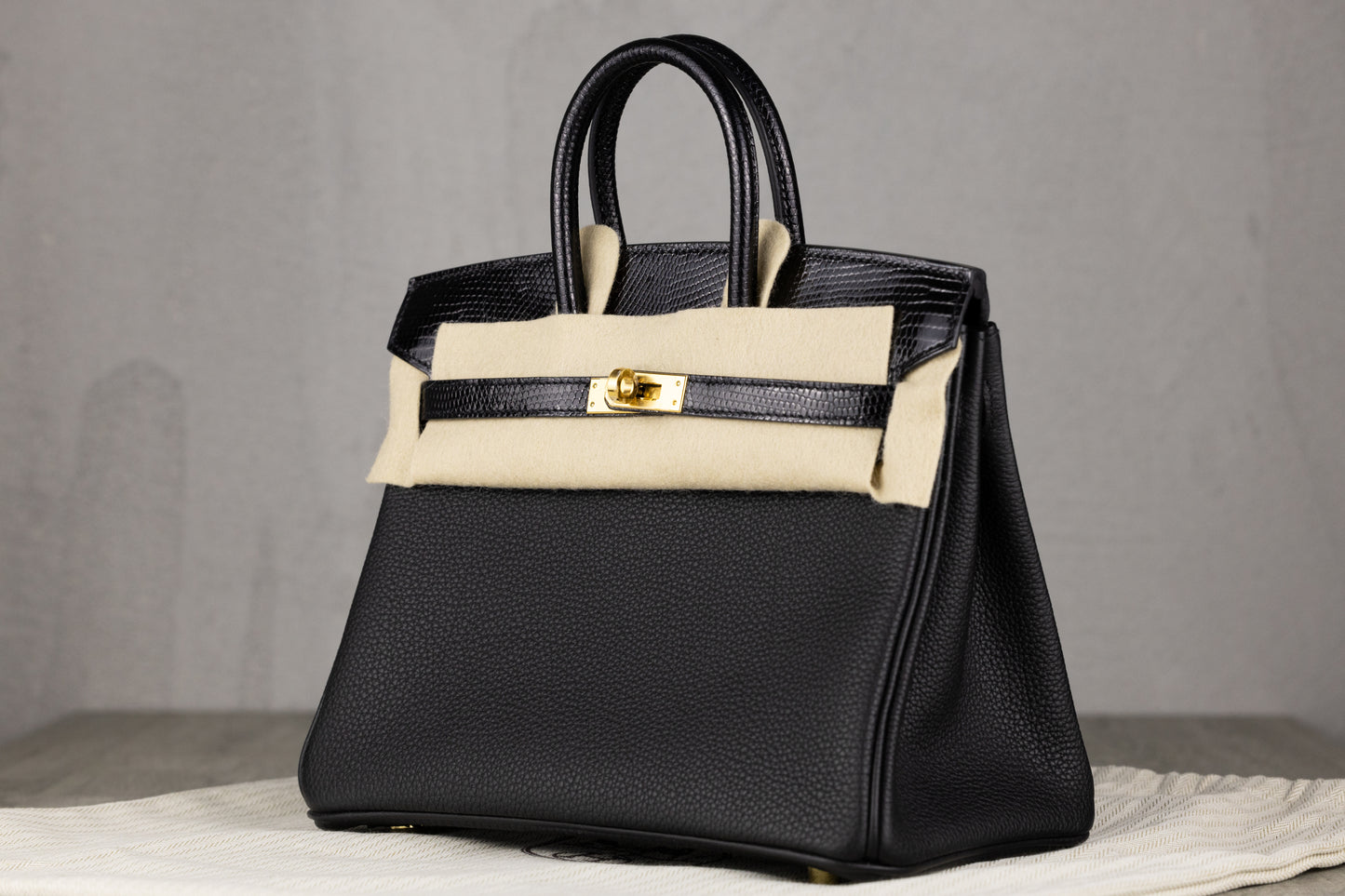 Hermès B25 Birkin 25 Sellier Touch Bag in Black Epsom & Shiny Black Lizard Leather with Gold Hardware