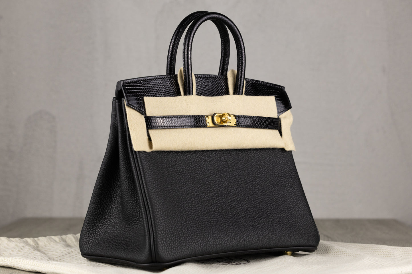 Hermès B25 Birkin 25 Sellier Touch Bag in Black Epsom & Shiny Black Lizard Leather with Gold Hardware