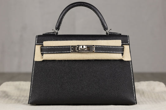 Hermès K20 Mini Kelly II 20 Sellier Bag in Black Epsom Leather and White Stitching with Palladium Hardware